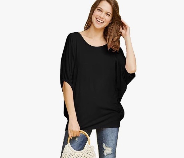 Made by Johnny Women’s Scoop Neck Half Sleeve Batwing Dolman Rayon Top Black Med