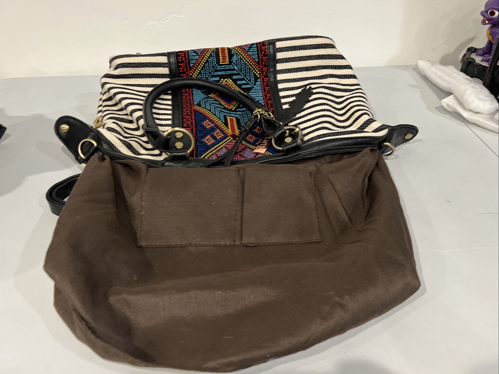 LACONA Aztec & Stripe Boho Tassel Leaf Charm Embroidered Canvas Purse
