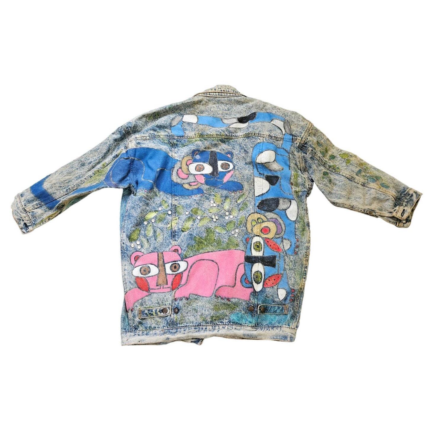 Vintage 90s Hand Painted Cat Jean Jacket Distressed Art To Wear Acid Wash Boho