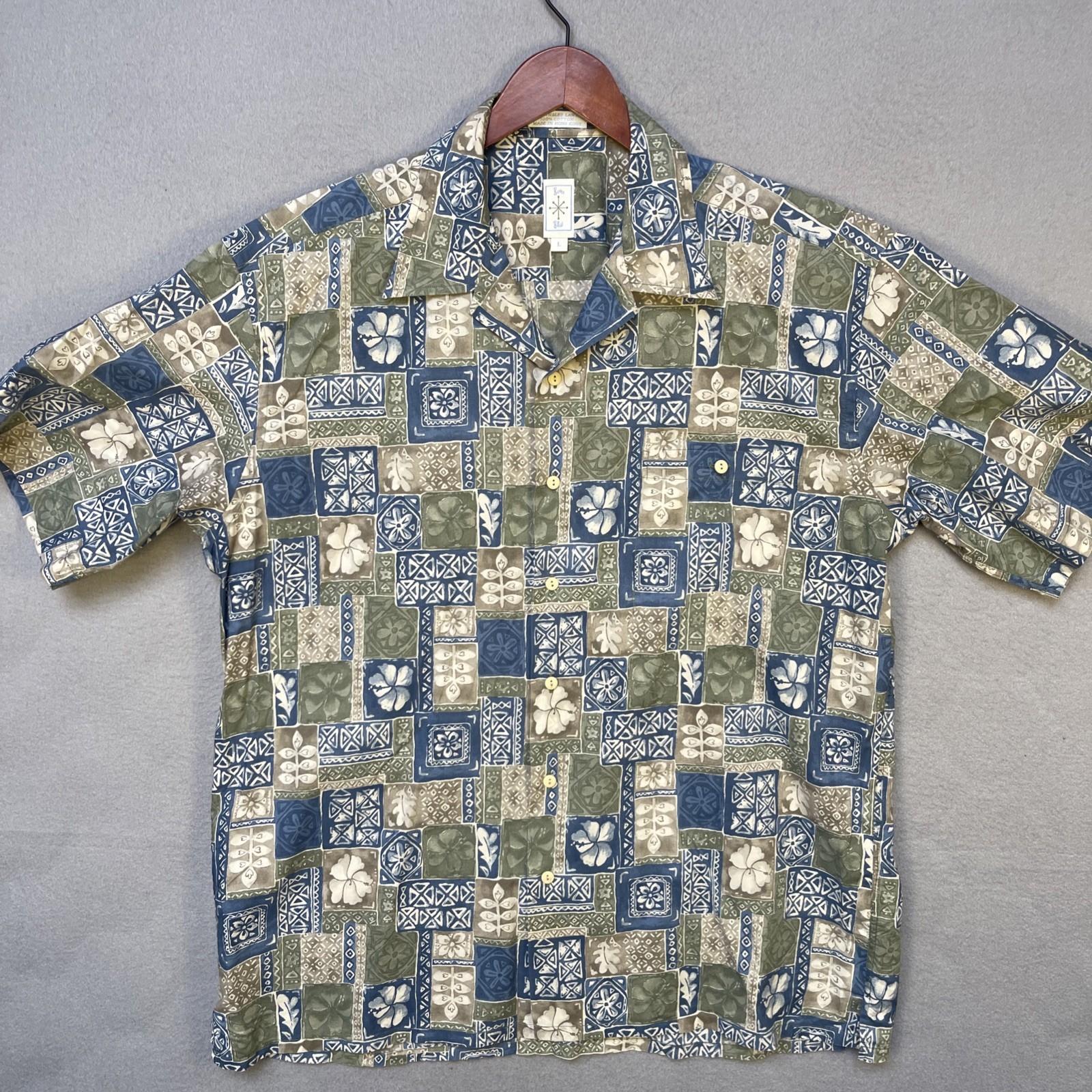 VTG Burma Bibas Lawn Cotton Shirt Mens Large Blue Green Tapa Print Floral 70s