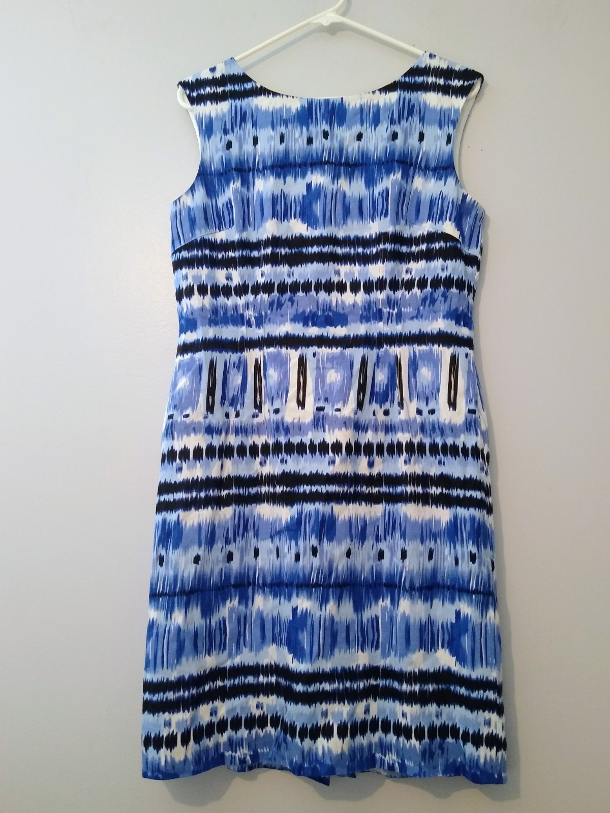 Tahari Sheath Dress 8 Watercolor Abstract Ikat Print Blue Wht Linen Blend Lined