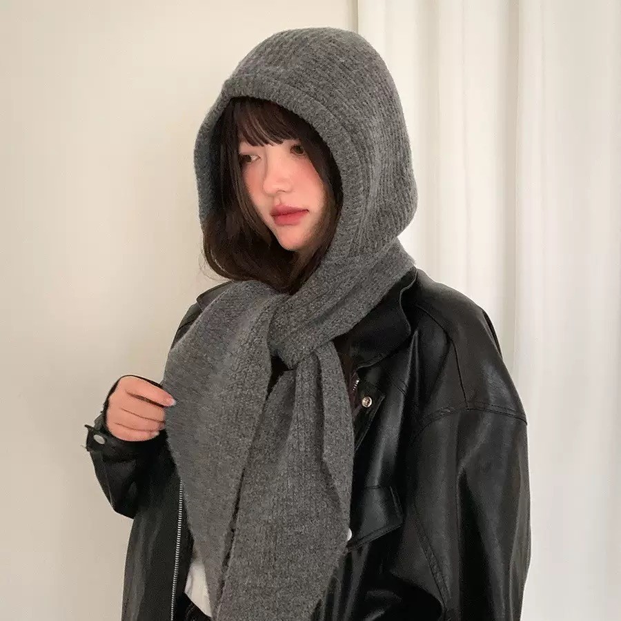 Womens Hooded Scarf Hat Winter Knit Balaclava Neck Warmer Hood Grey