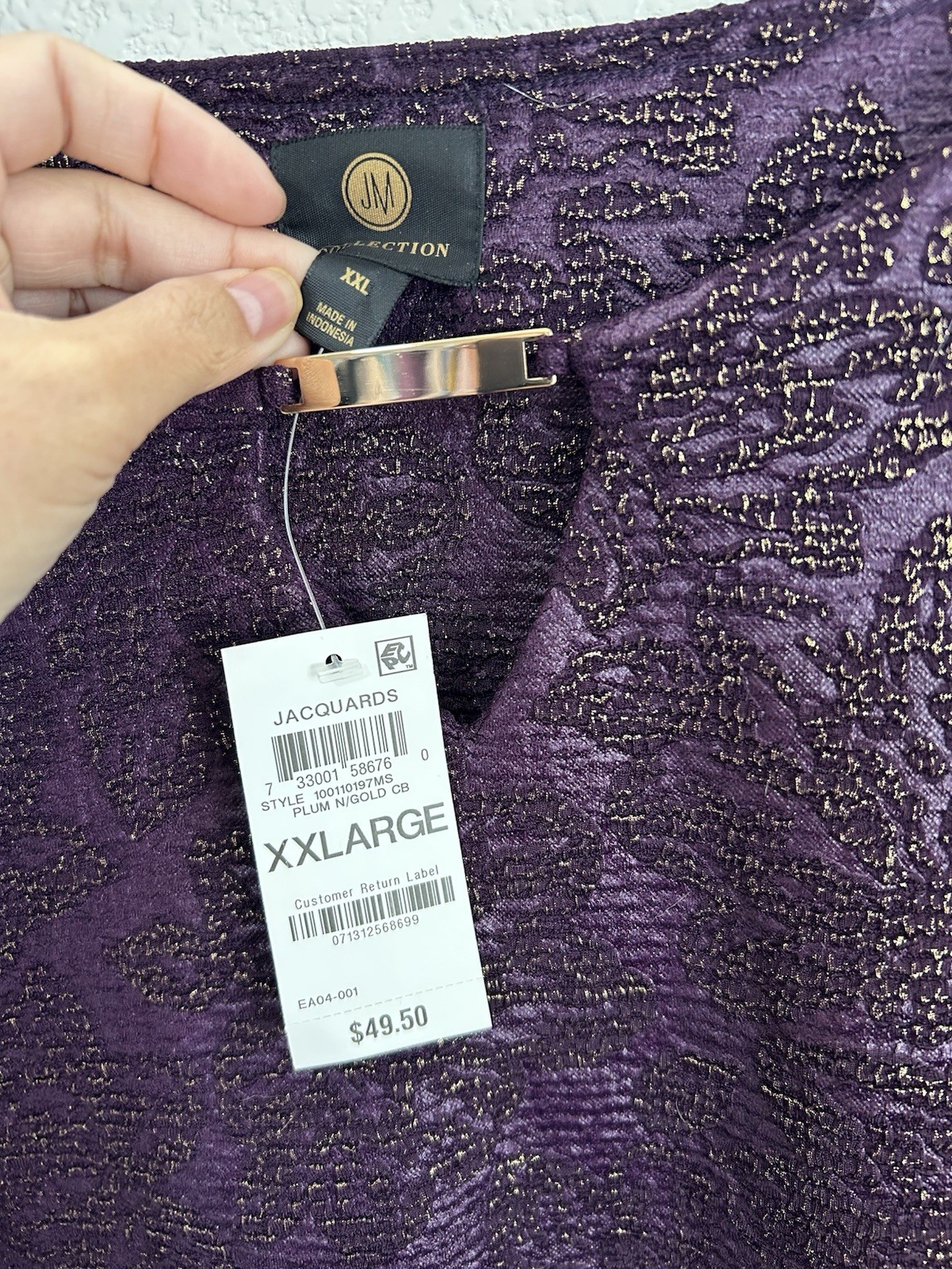 JM Collection Women’s Purple Gold Floral Metallic Jacquard 3/4 Scoop Blouse XXL