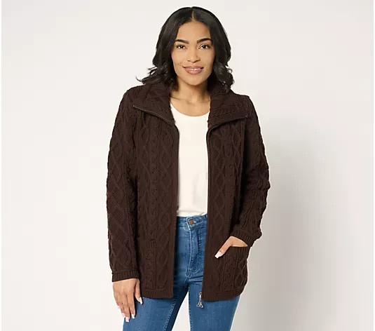 Aran Crafts Merino Wool Zip Sweater Dark Chocolate Small