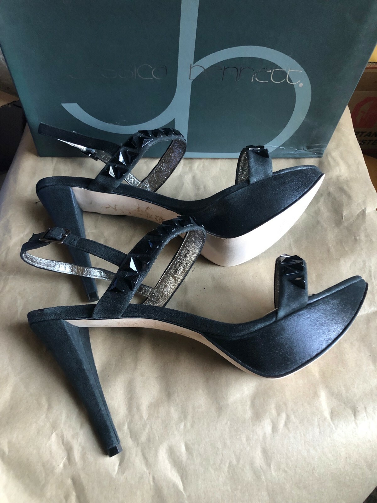 WOW! Jessica Bennett Jeweled Platform Sandal Pumps BLACK LEATHER 13M SEXY NIB