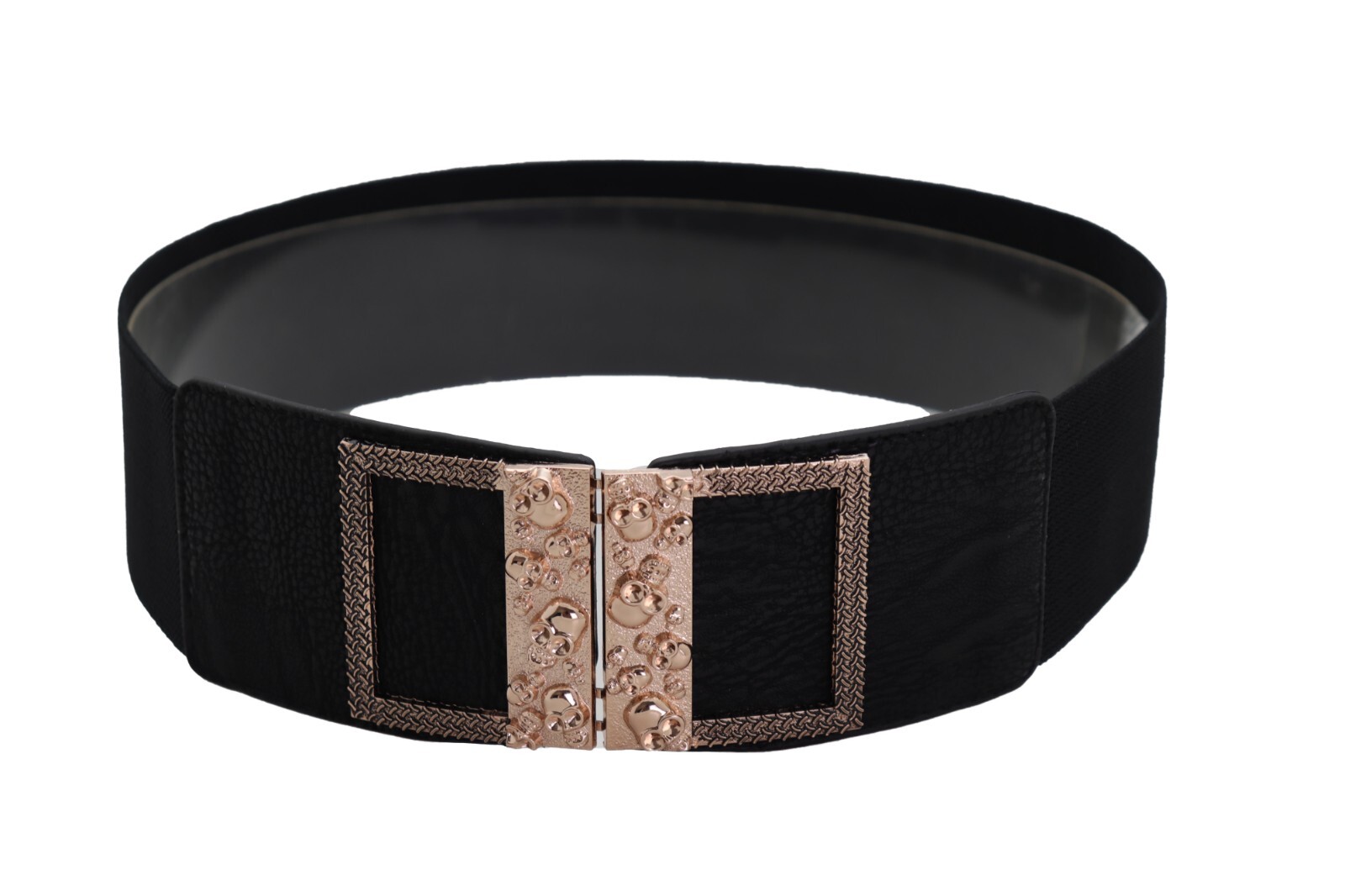 Women Black Fabric Elastic Wide Waistband Fun Belt Gold Metal Skulls Buckle S M