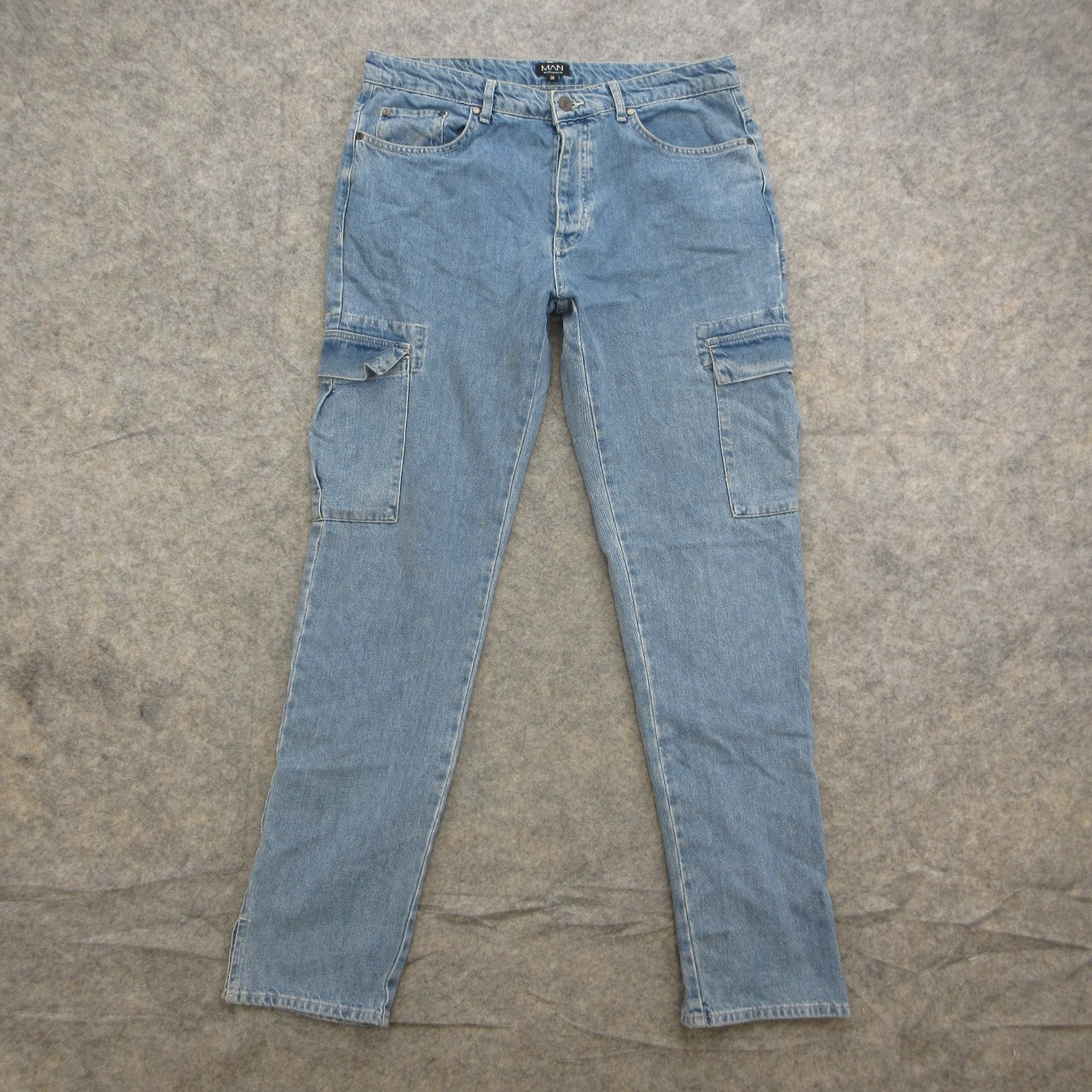 BoohooMAN Men’s 36 Light Wash Cargo Jeans Denim Cotton Straight Leg