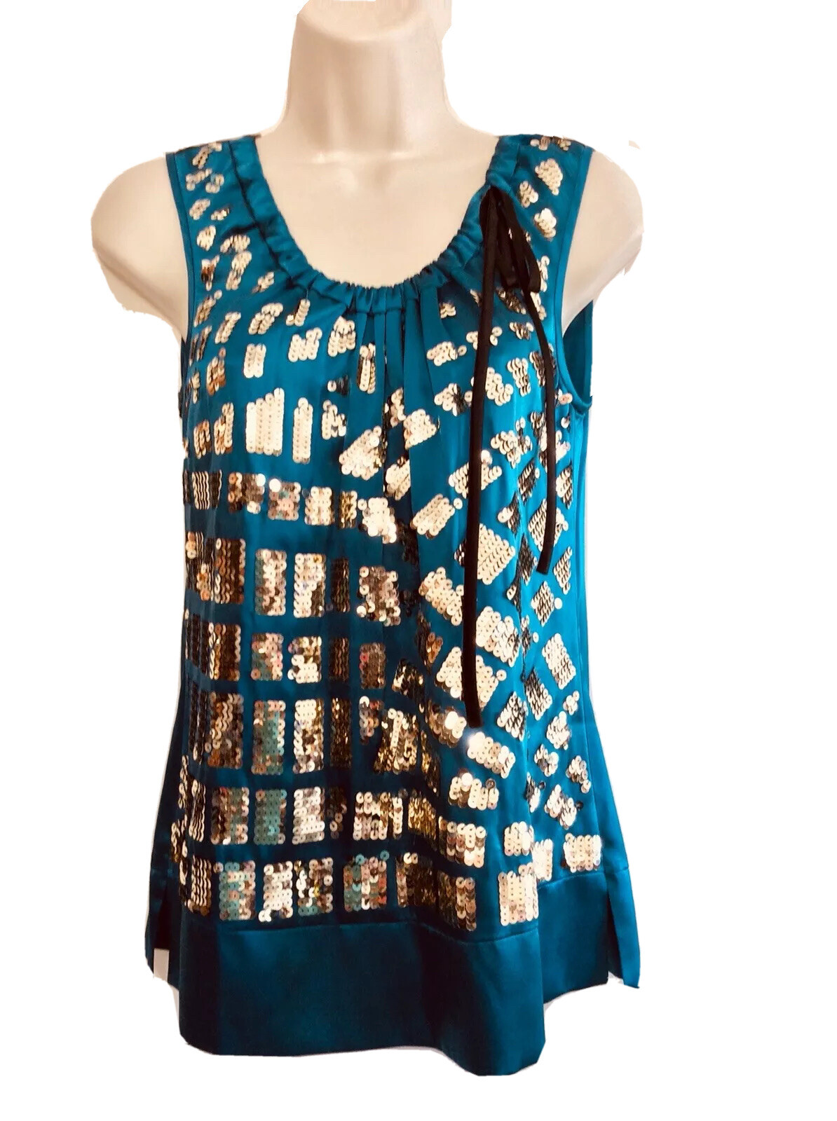 trina turk 0 Blouse Blue Black Gold Sequin bow Accent Sleeveless Silk Pleated