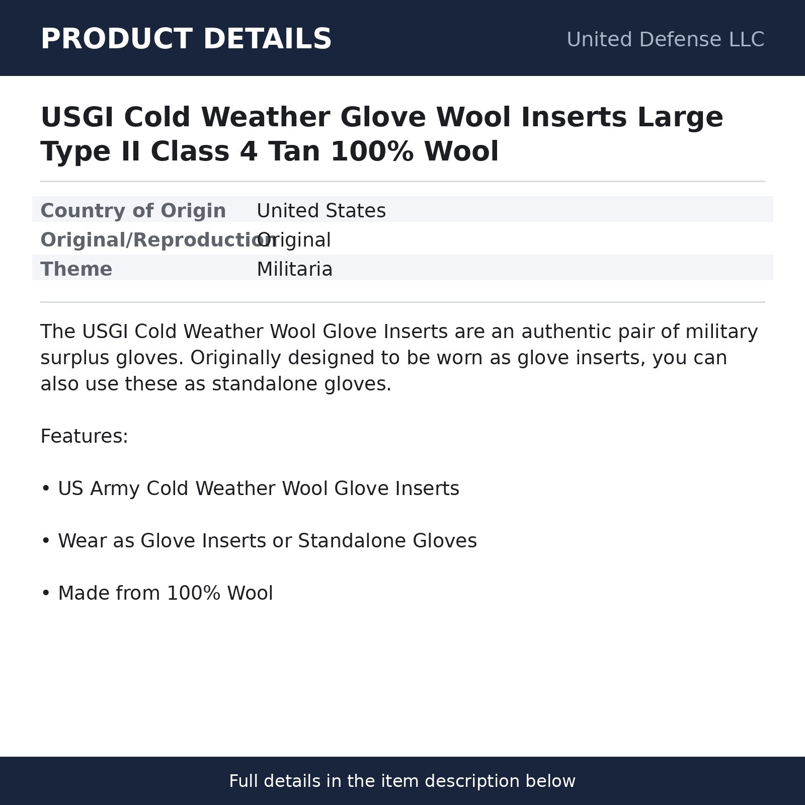 USGI Cold Weather Glove Wool Inserts Large Type II Class 4 Tan 100% Wool