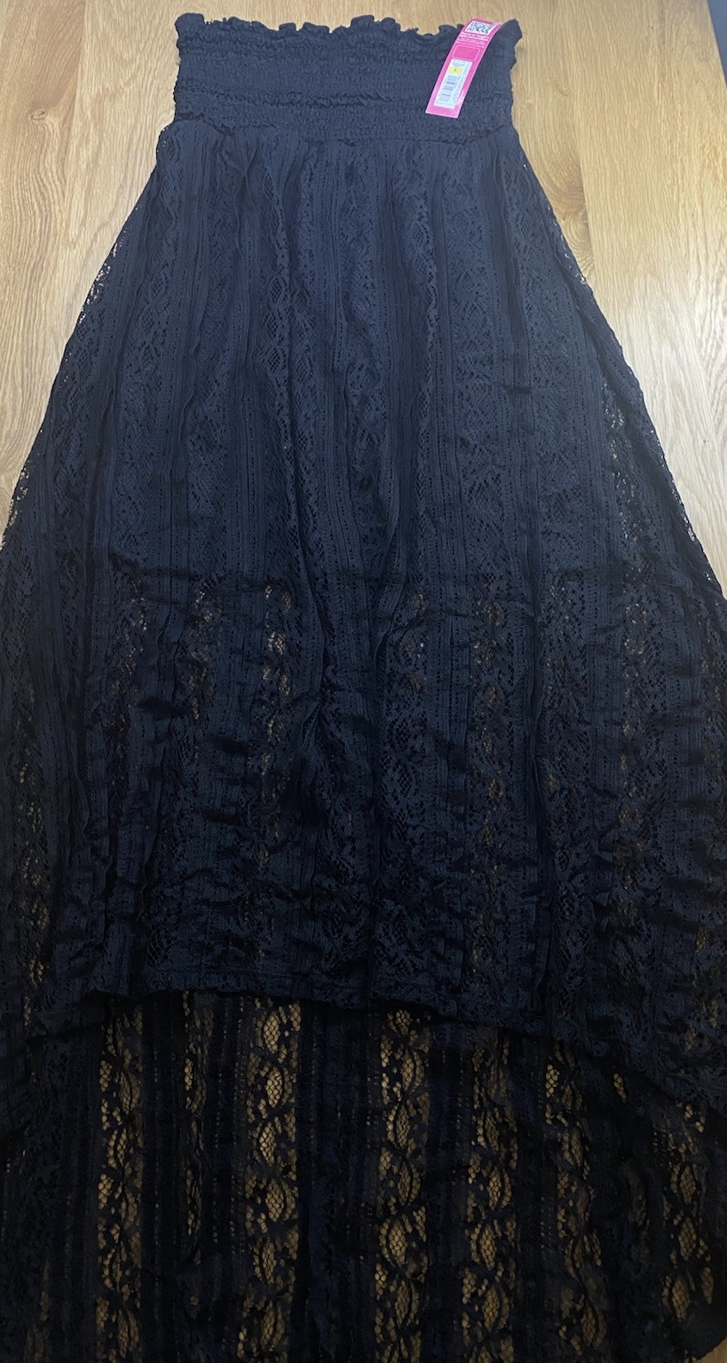 NWT Xhilaration Black Lace Strapless Maxi Dress Size S Smocked High Low Boho