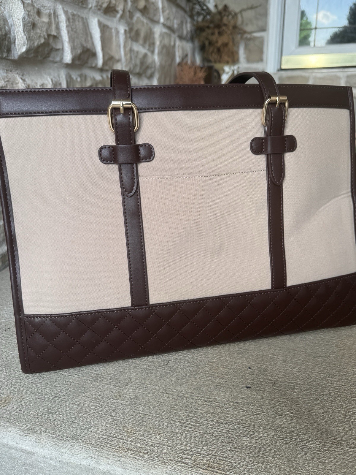 Lacoste Beige Brown Colorblock Zip Tote Bag Lined Inner Pockets Bottom Studs
