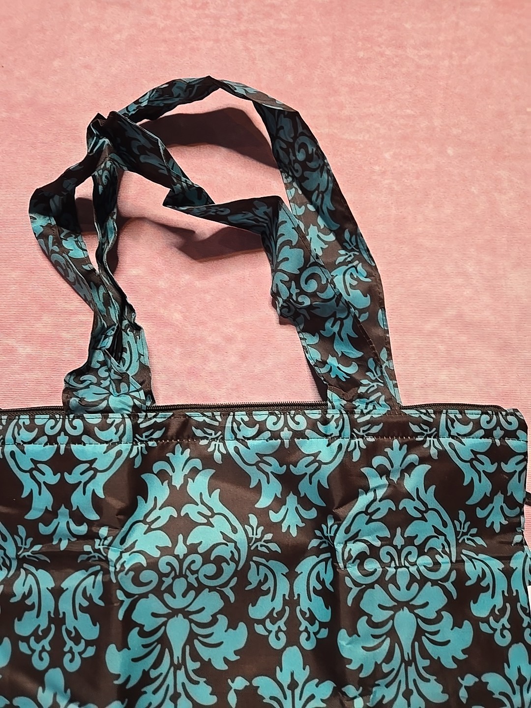 Sachi Damask Blue Brown Foldable Insulated Bag Tote With Carry Bag 15×16″