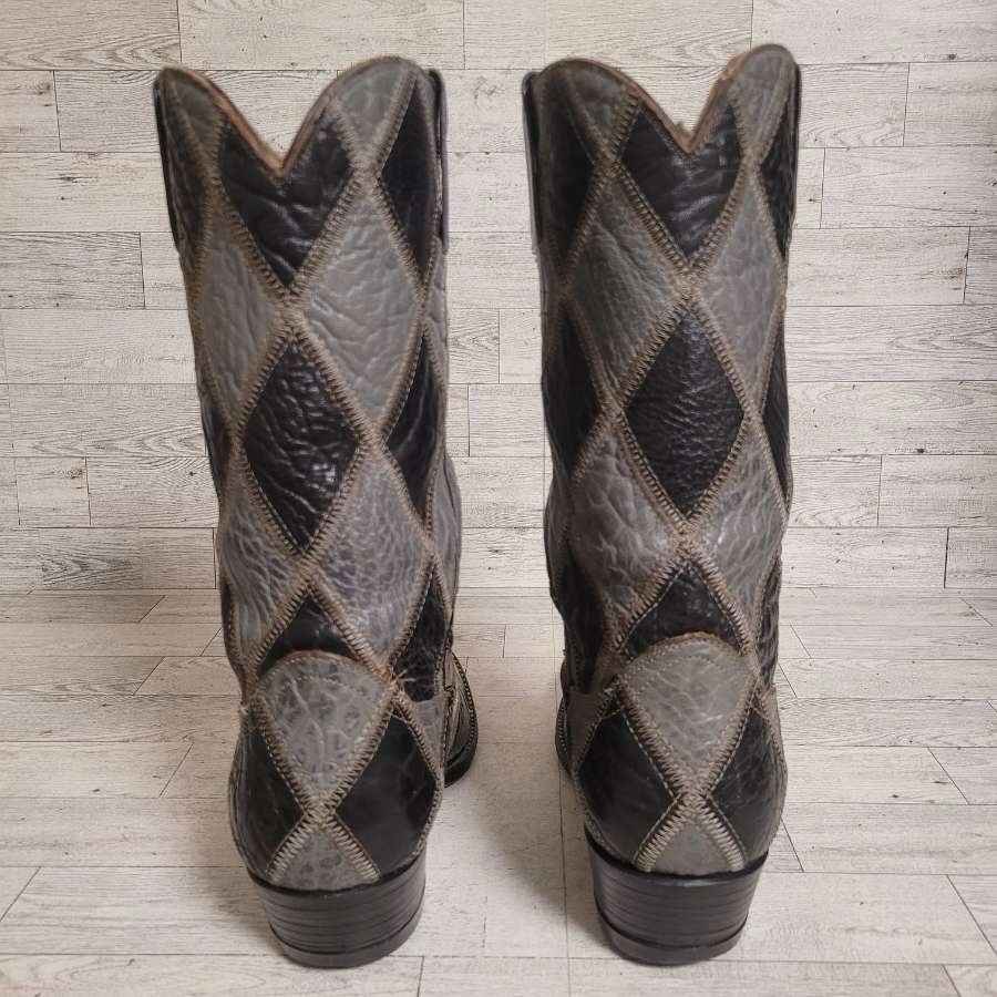 Men’s Cowtown Patchwork Black Grey Bullhide Leather Rodeo Cowboy Boots Size 7.5