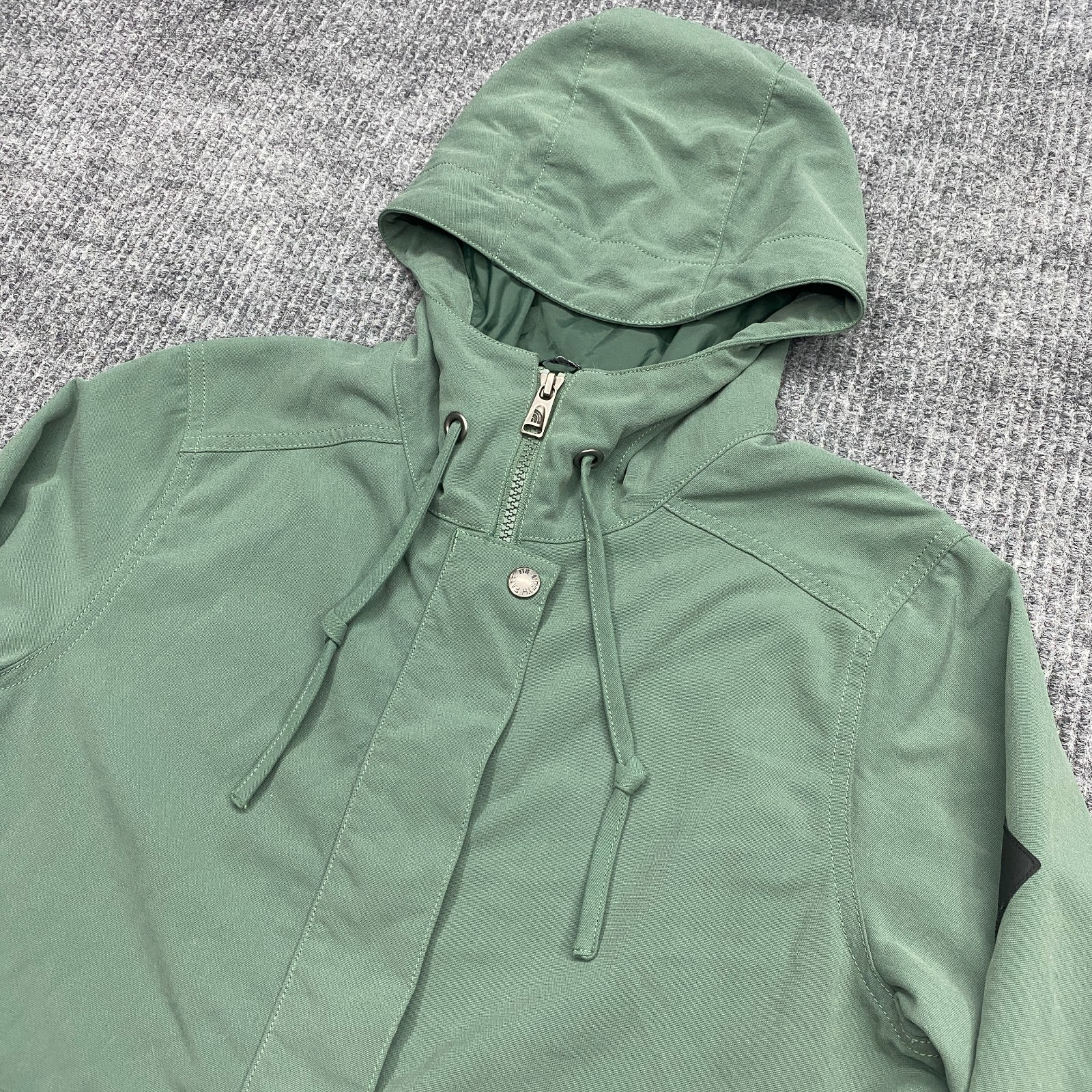 North Face Full Zip Button Snap Hooded Jacket Womens S Green Drawstrings Outdoor