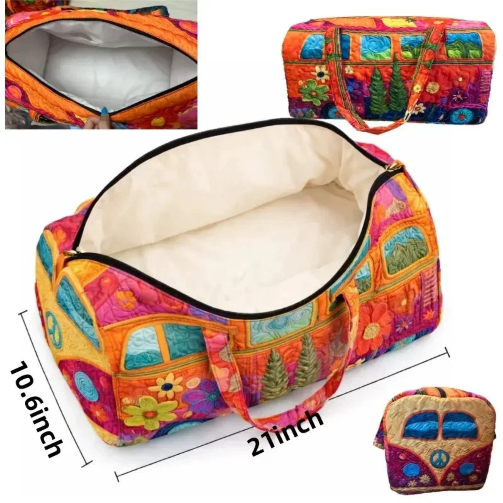 Unisex Boho Quilted Weekender Bag – Large Hippie Van Quilted Duffle Bag Carry-on
