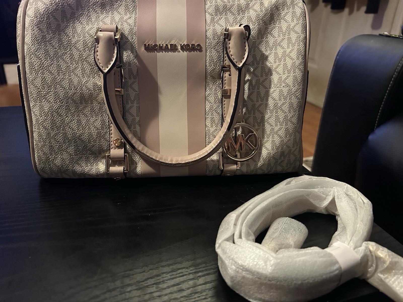 Michael Kors Logo Satchel Gray/Pink Top Handle Zip Bag Charm Detachable Strap