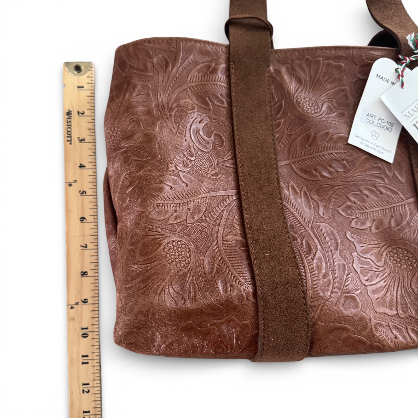 Viola Gigli Leather Tote Handbag Brown Cuoio Embossed Floral Made In Italy – NWT