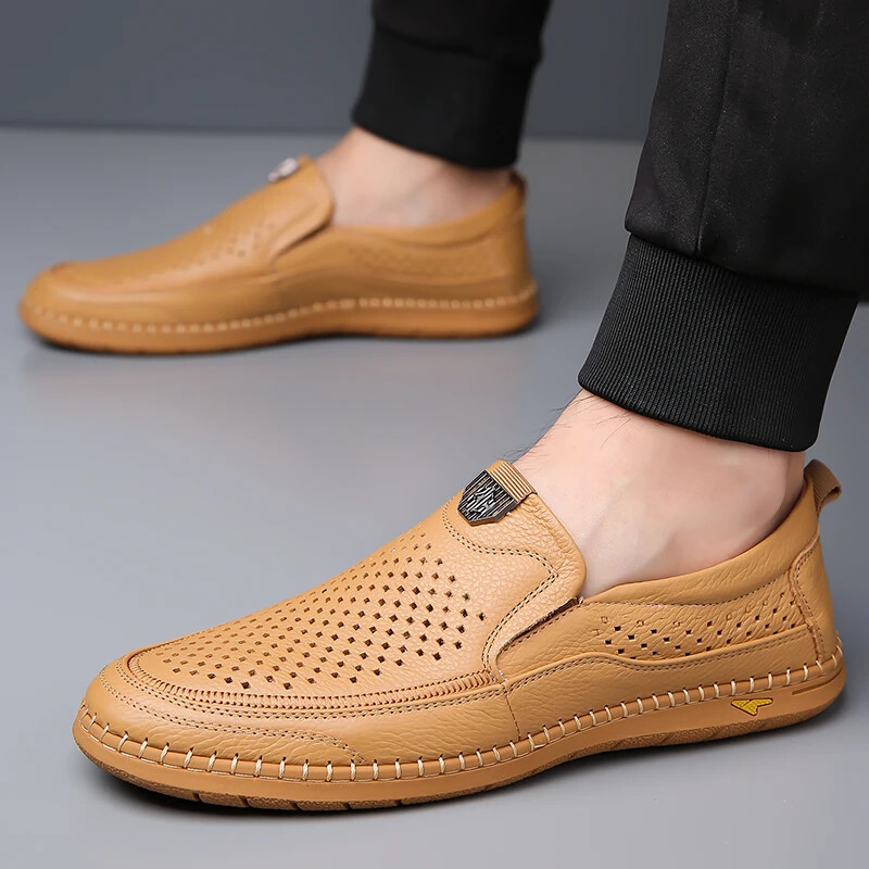 Men’s Casual Breathable Loafer Genuine Leather Moccasin Hollow Out Driving Shoes
