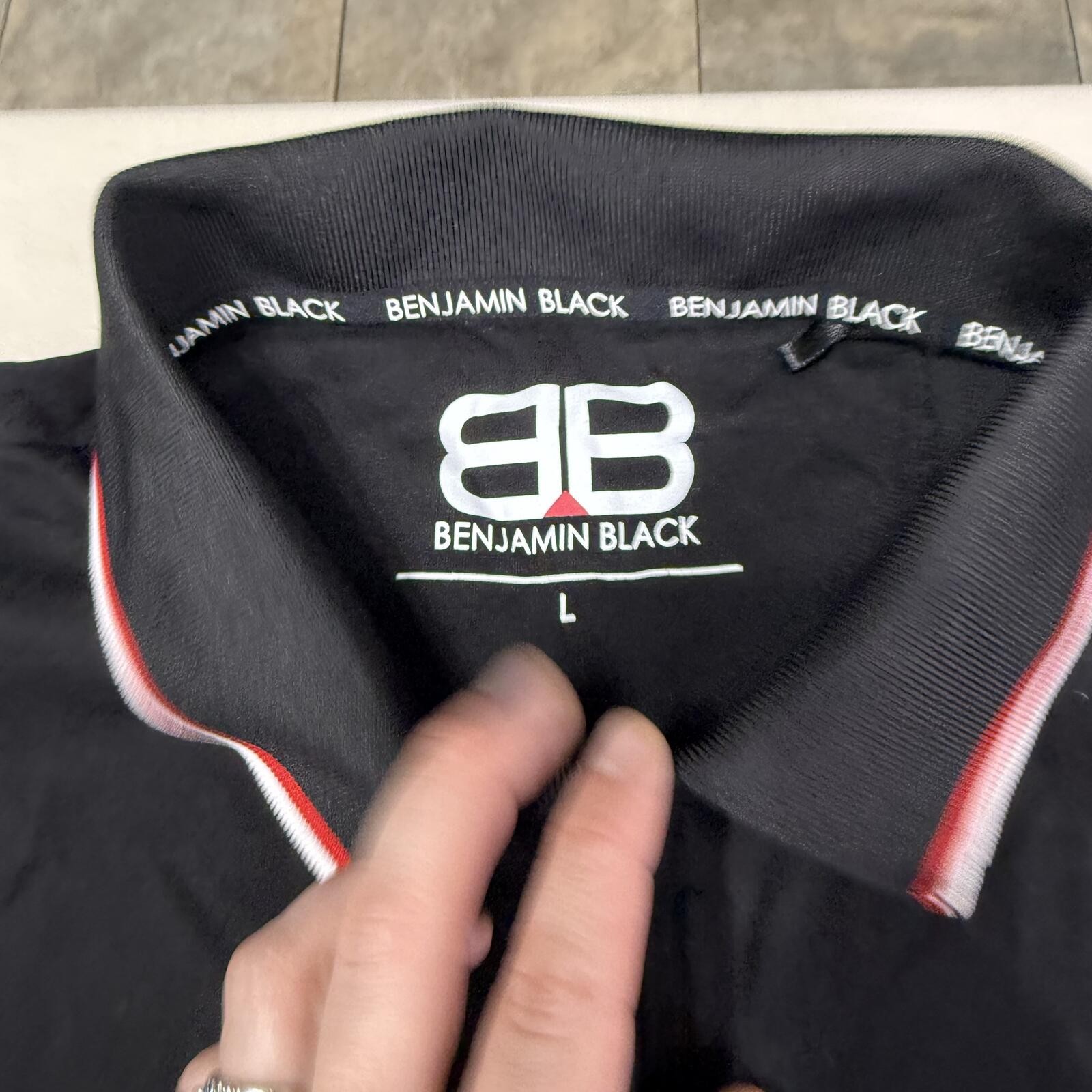 Benjamin Black Polo Shirt with Red White Trim Size L