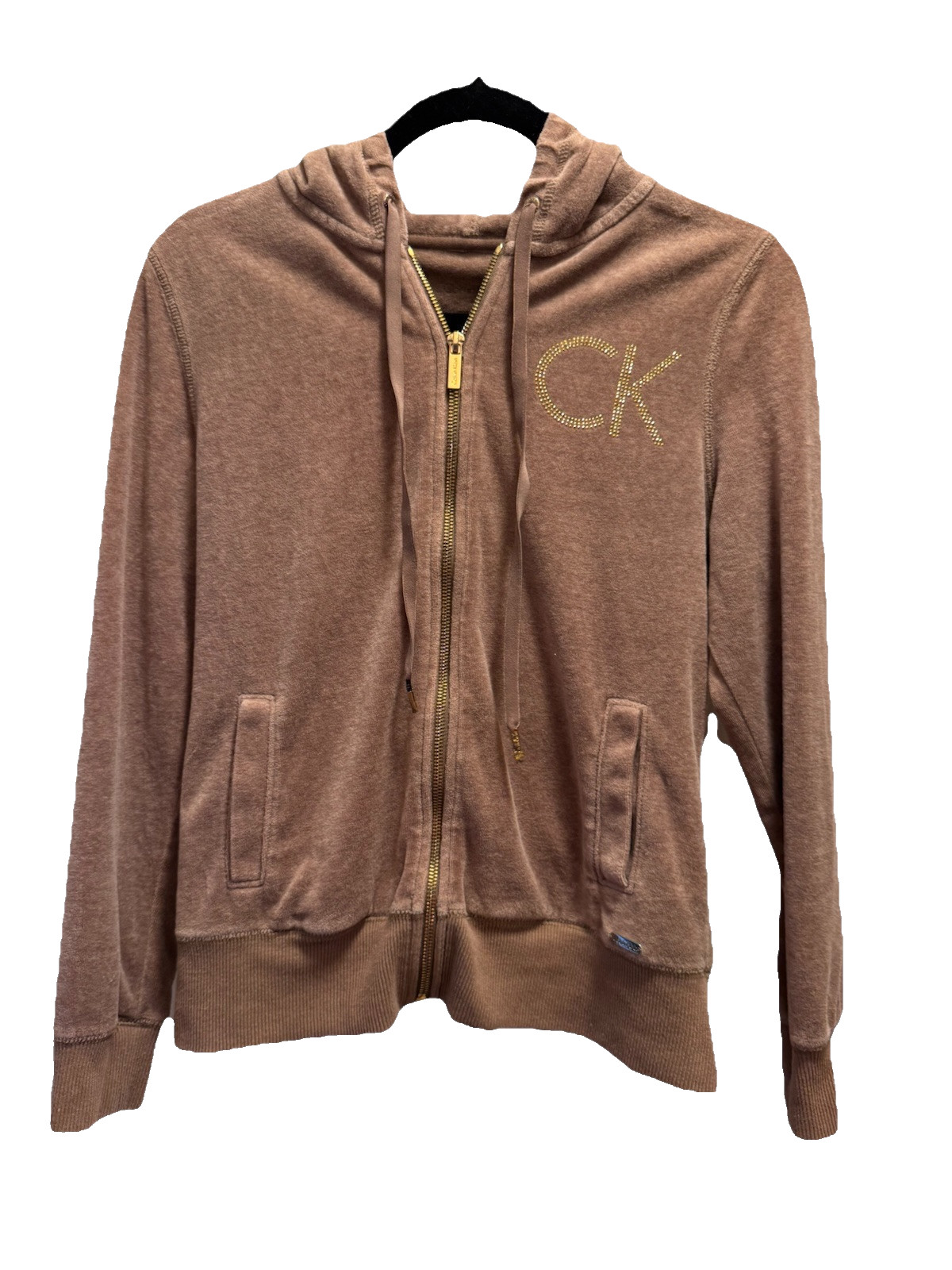 Calvin Klein Womens Velour Hoodie M Brown Rhinestone Logo Zip Up Jacket Soft