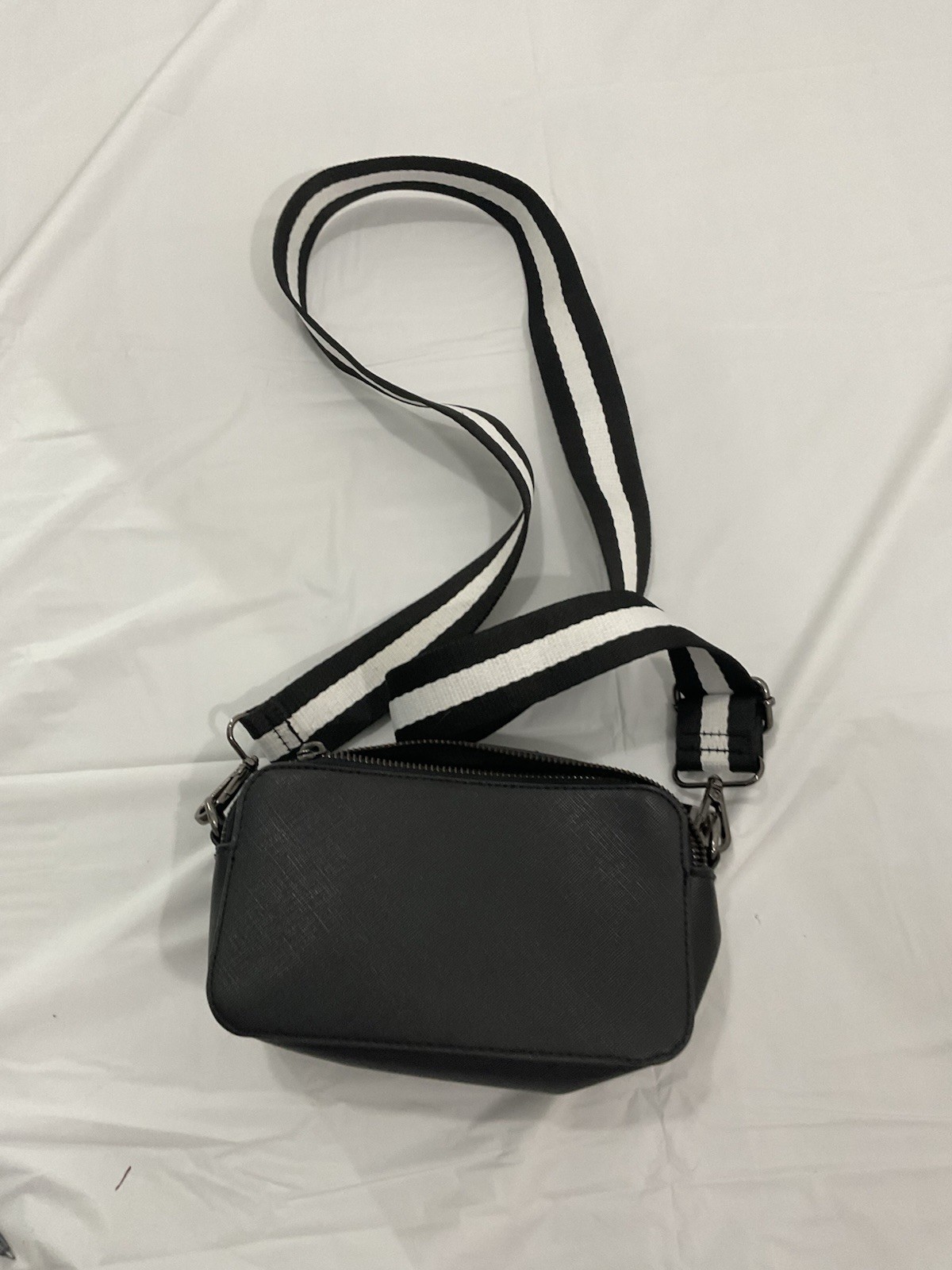 Black Crossbody Bag Silver Hardware Zipper Accent Striped Strap for Women