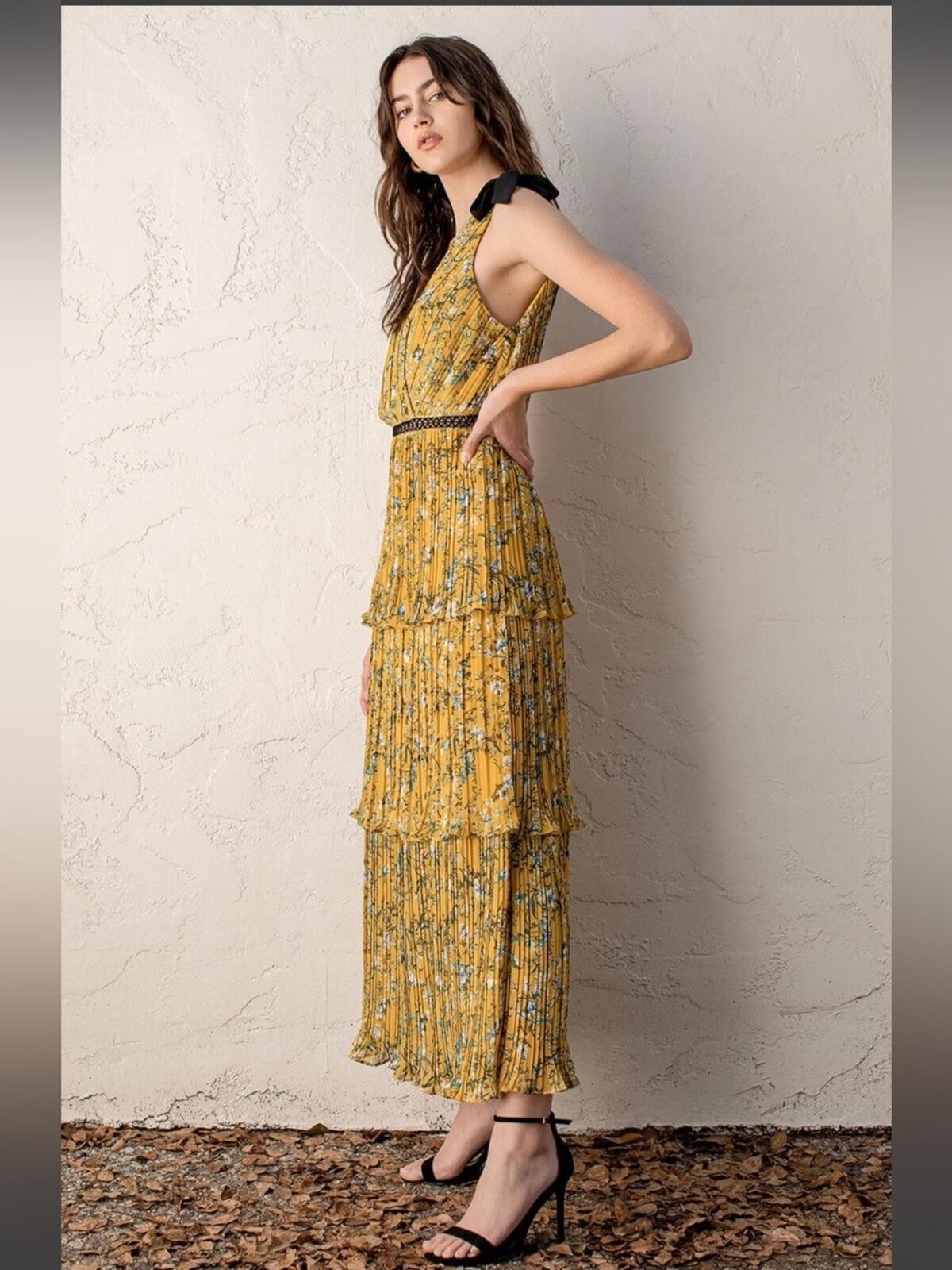 Lulus Such Sophistication Yellow Floral Tiered Maxi Dress with Black Trim