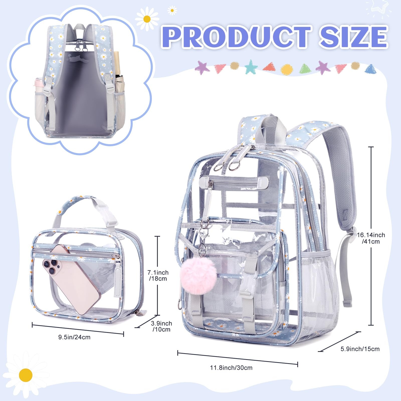 Girls Clear Backpack 11.8in X 5.9in X 16.2in with Lunch Bag – Heavy Duty