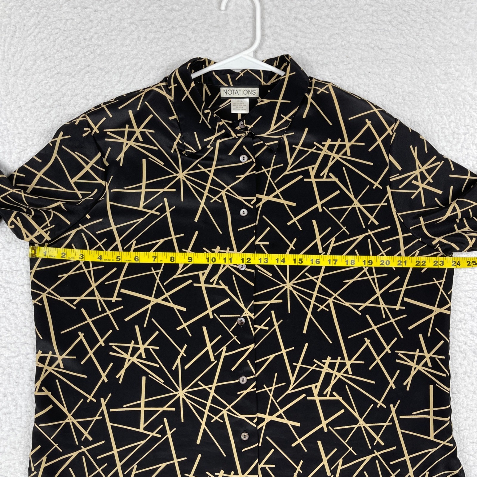 Notations Button Down Blouse Womens XL Black Tan Geometric Linear Shoulder Pads