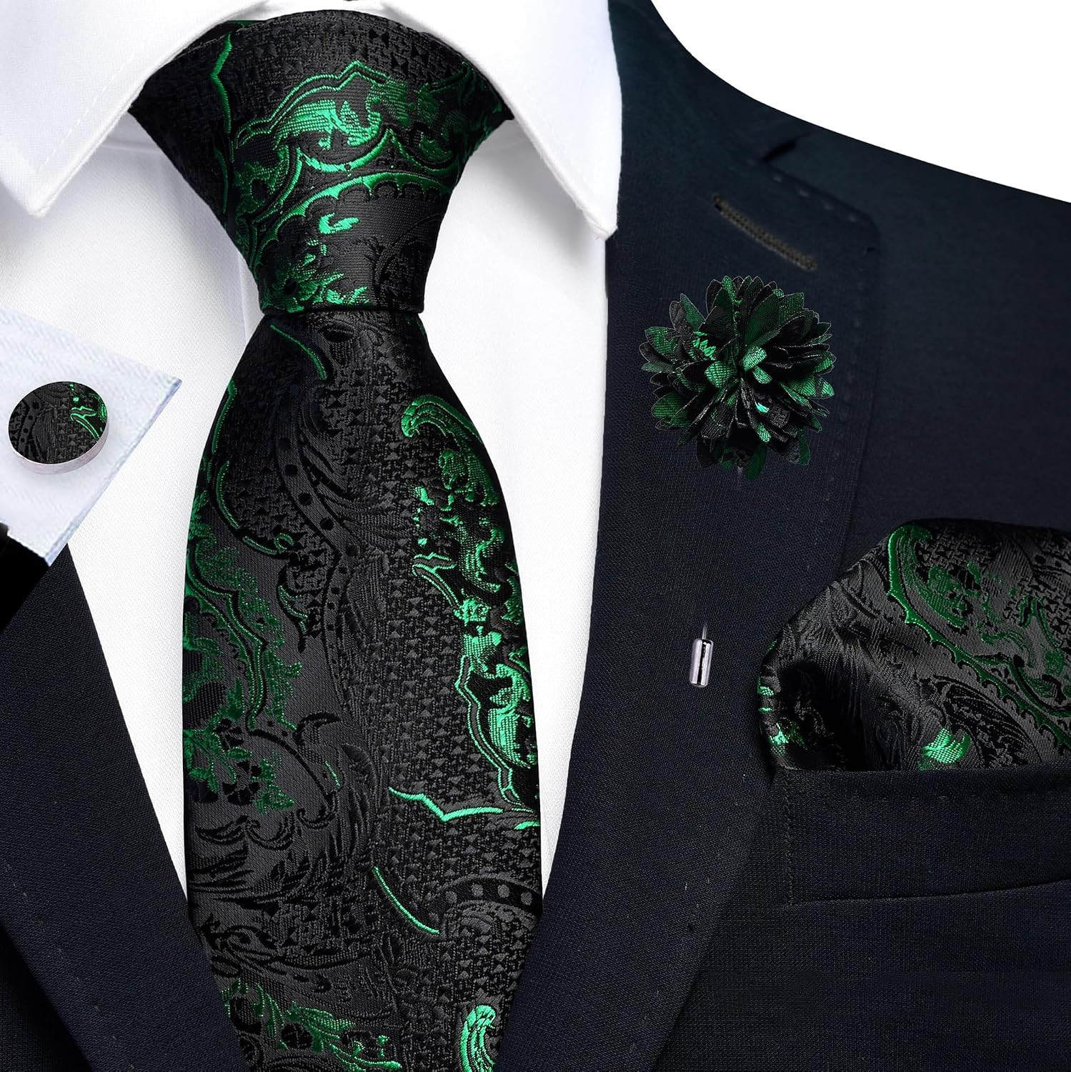 8Cm Paisley Tie Set for Men Necktie Lapel Pin Pocket Square Cufflinks Set for Me