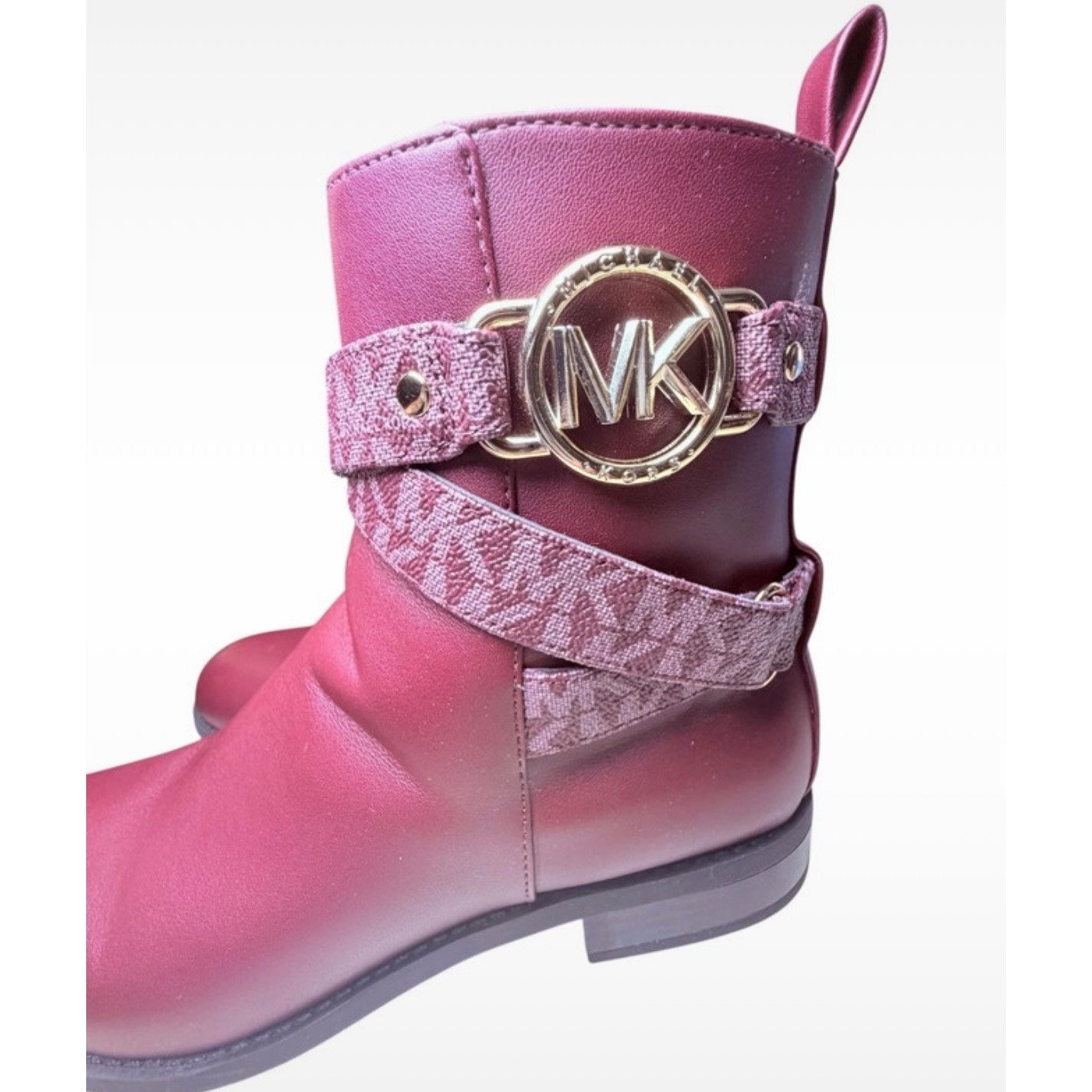 Michael Kors Womens Merlot Monogram Ankle Boots Gold MK Logo Buckle Side Zip