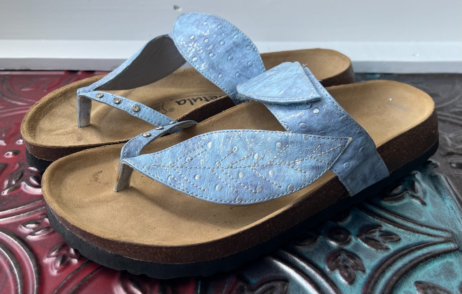 Betula Birkenstock Bombay Leaf Sandal Womens 8 EU 39 Blue Leather Birko Flor