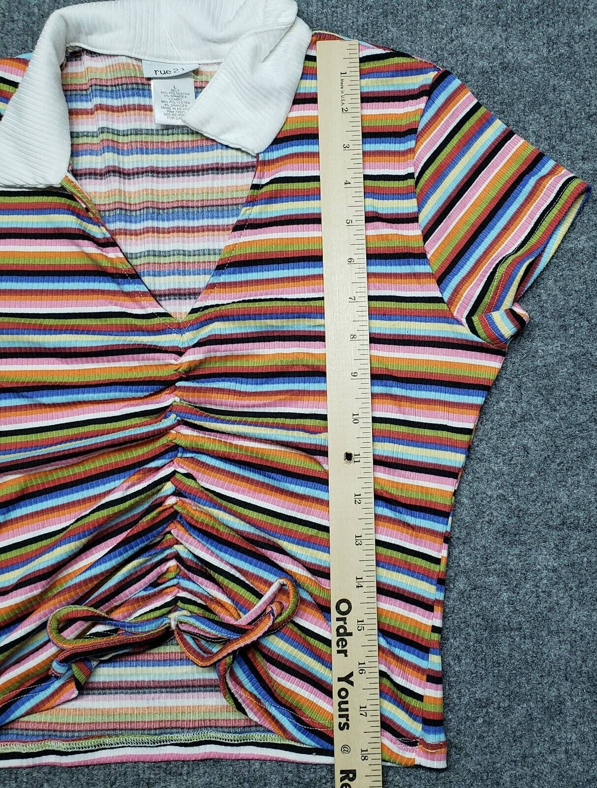 Rue21 Crop Top Womens L Multicolor Striped Short Sleeve V-Neck Ruched Tie New
