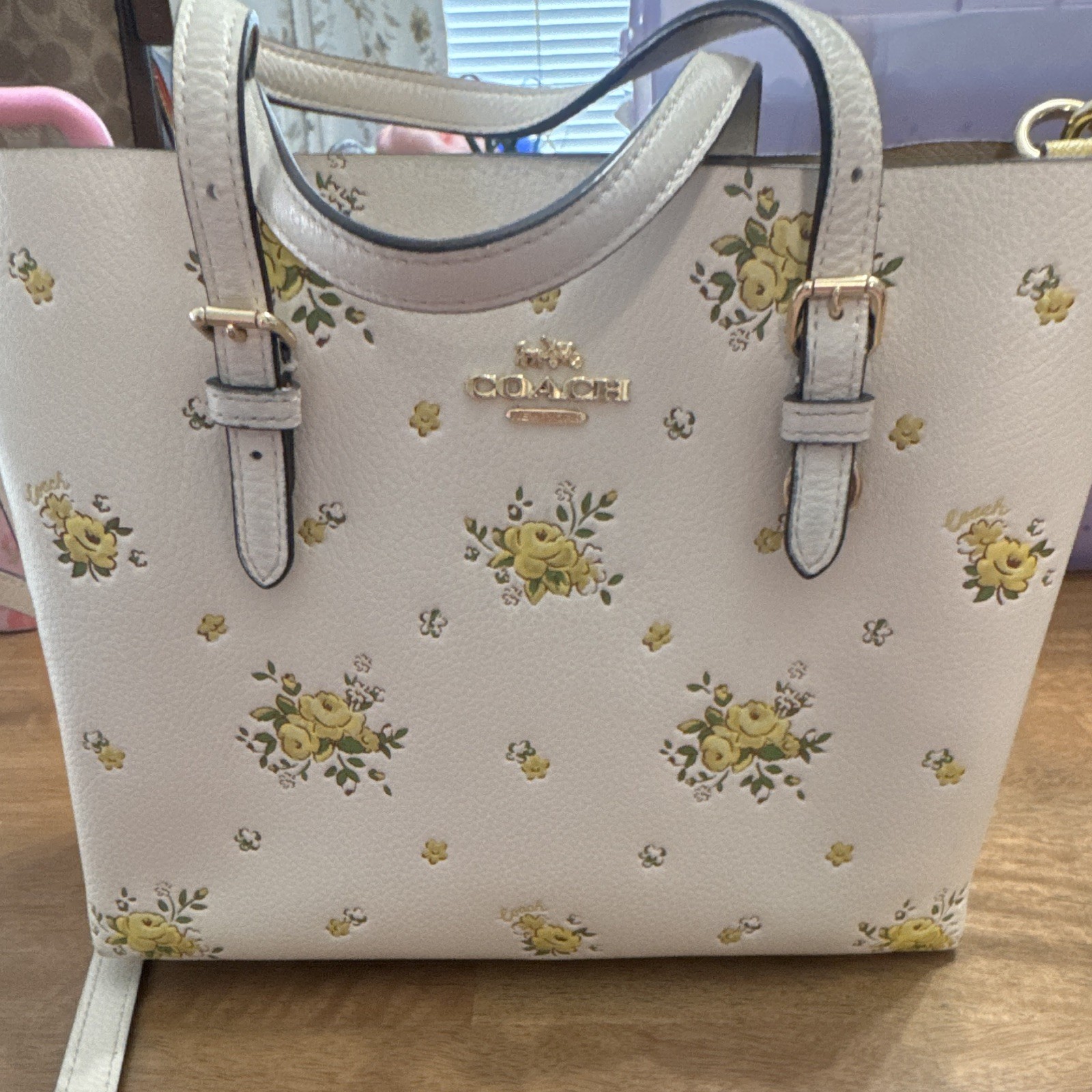 Coach White Floral Satchel Top Handle Bag, Medium, Strap, Gold Hardware