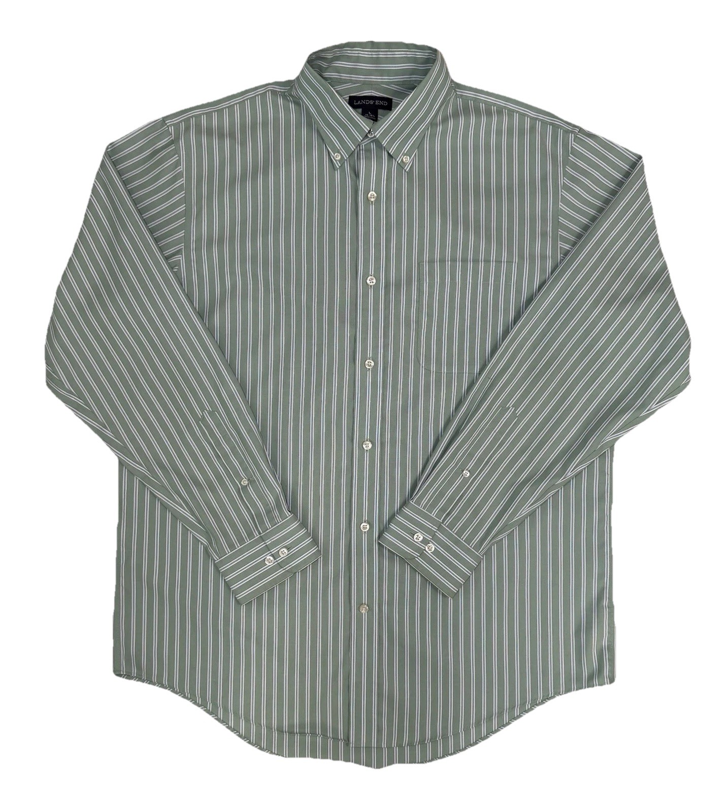 Lands End Dress Shirt Button Up Size L 16 – 16 1/2 Green Striped Traditional Fit