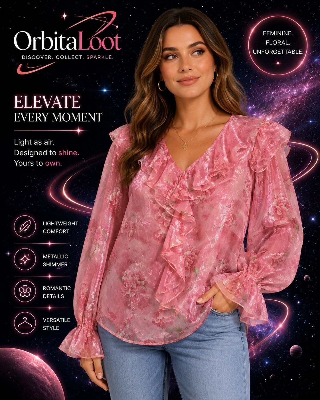 N by Niki XXL Pink Floral Shimmer Ruffle Blouse Sheer Long Sleeve Top MSRP $79