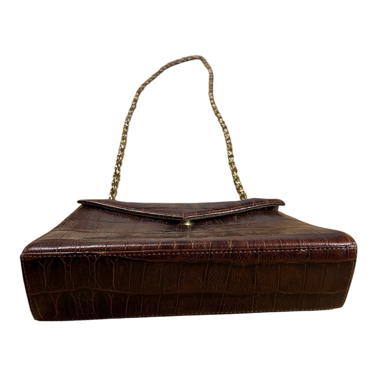 Esquire Vintage Brown Croc Embossed Leather Envelope Clutch Gold Chain Bag