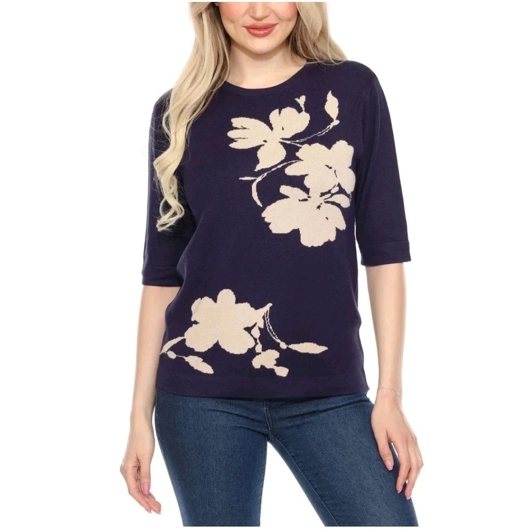 NWT Wrapper Women’s XL Navy Floral Elbow Sleeve Sweater Lightweight Rayon C0989