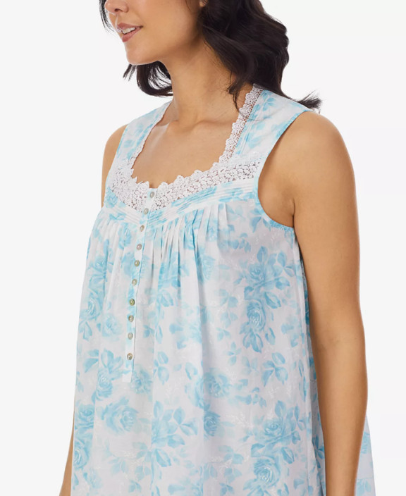 EILEEN WEST E5325037 AQUA ROSE SLEEVELESS COTTON LAWN CHEMISE NIGHTGOWN ~ MEDIUM
