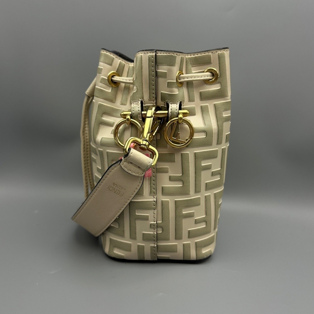 FENDI Mon Tresor Bucket Crossbody Bag FF Mini Off-white Embossed Leather Gold HW