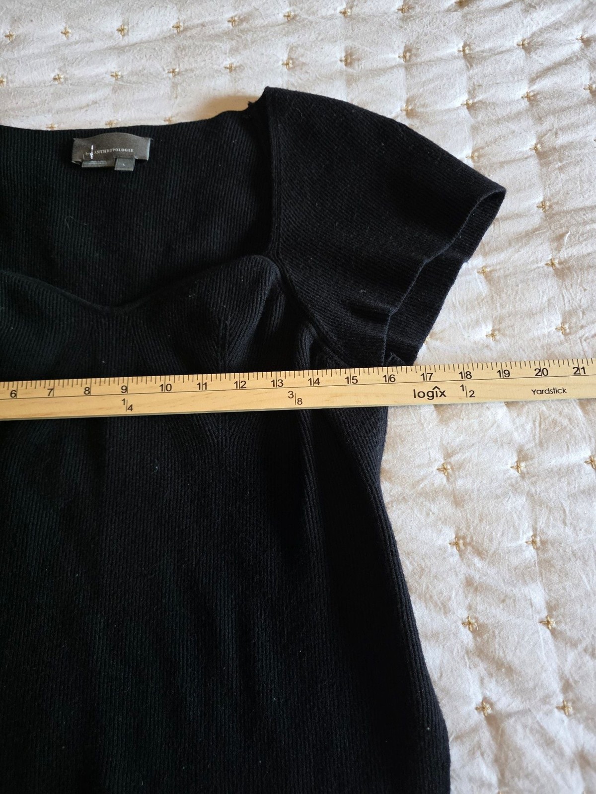by Anthropologie Black Ribbed Knit Sweetheart Neckline Short Sleeve Top