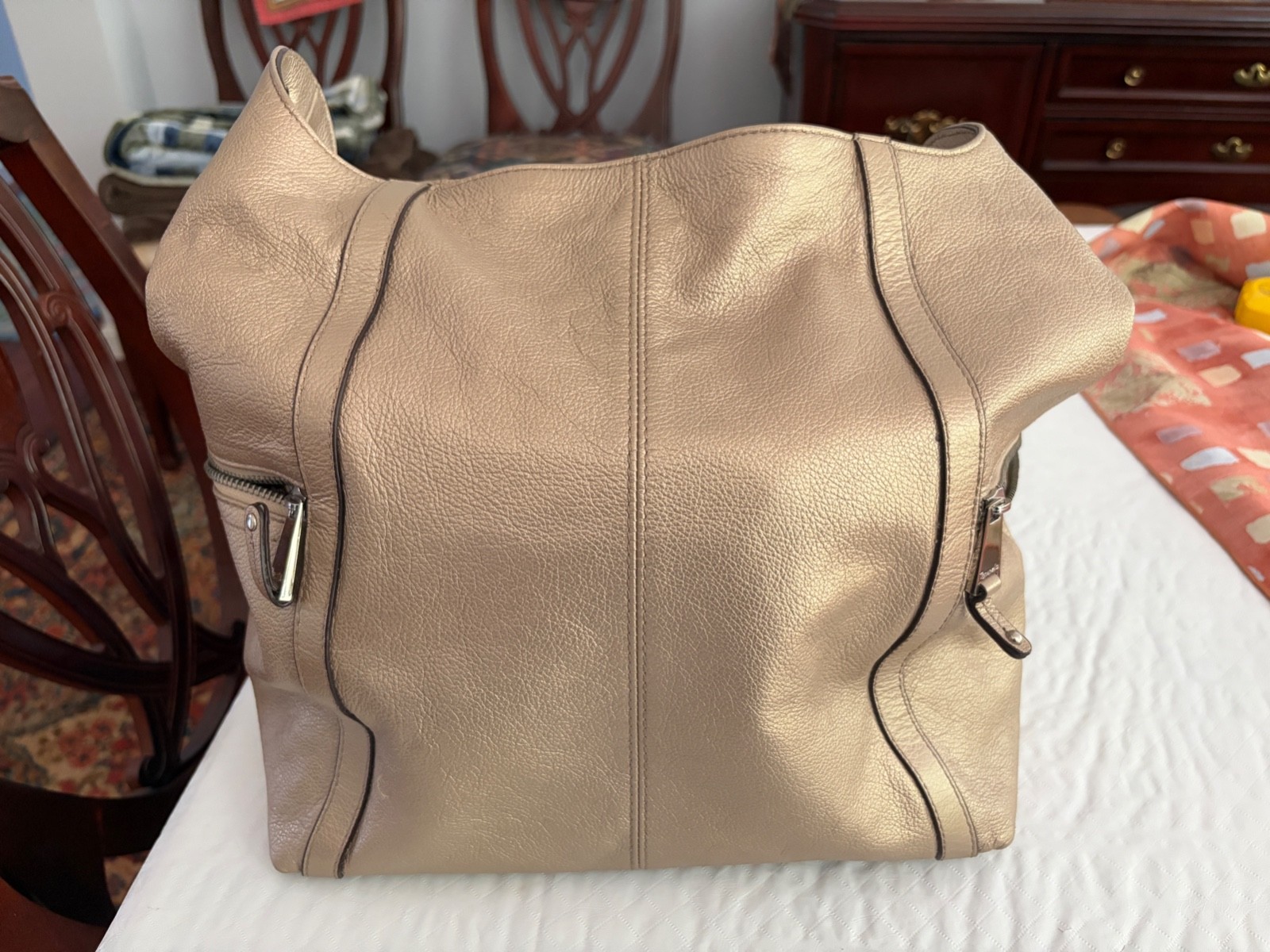 Tignanello Gold Pebbled Shoulder Bag Geometric Silver Hardware Inner Pockets