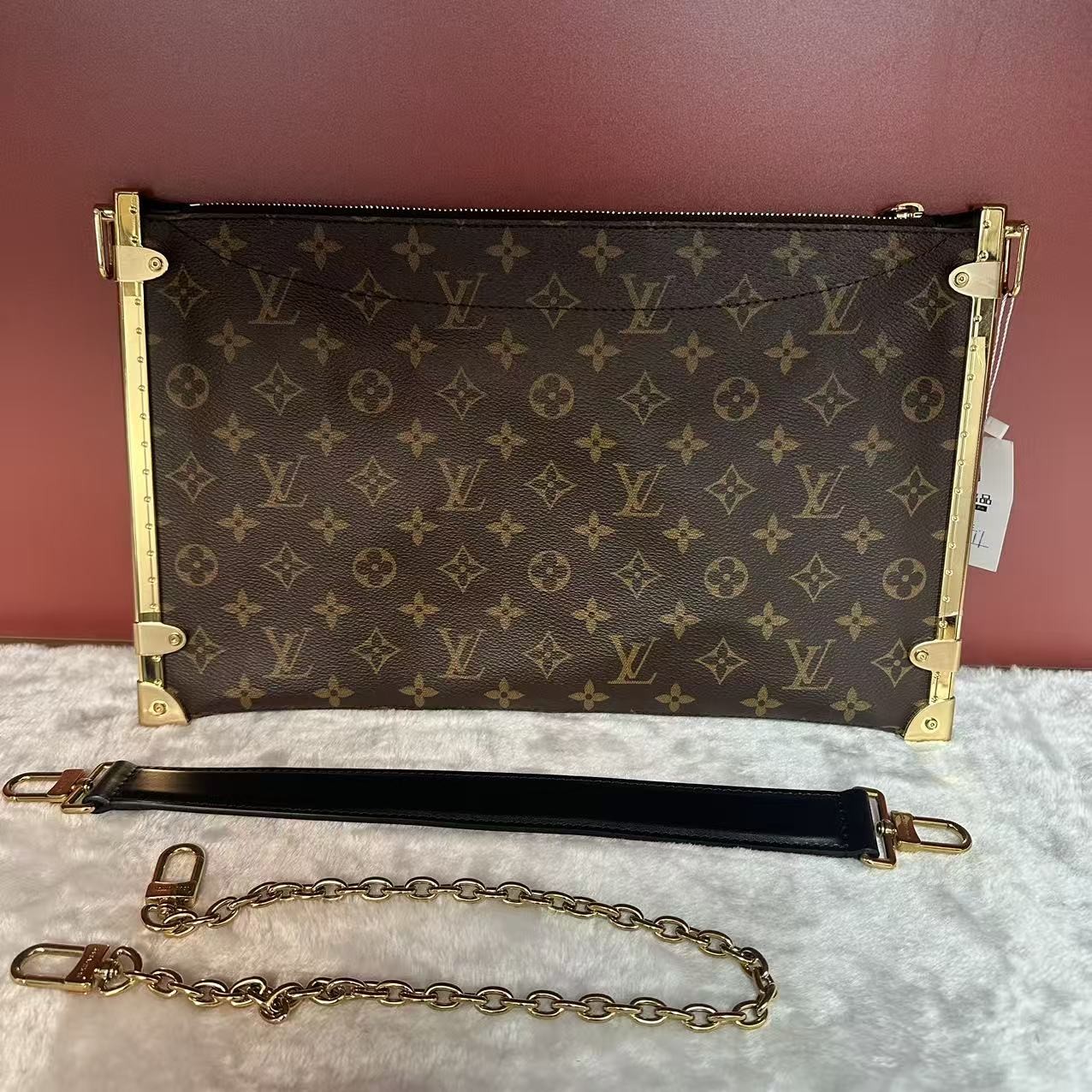Auth Louis Vuitton Trunk Clutch Monogram Canvas Gold Hardware Crossbody Bag