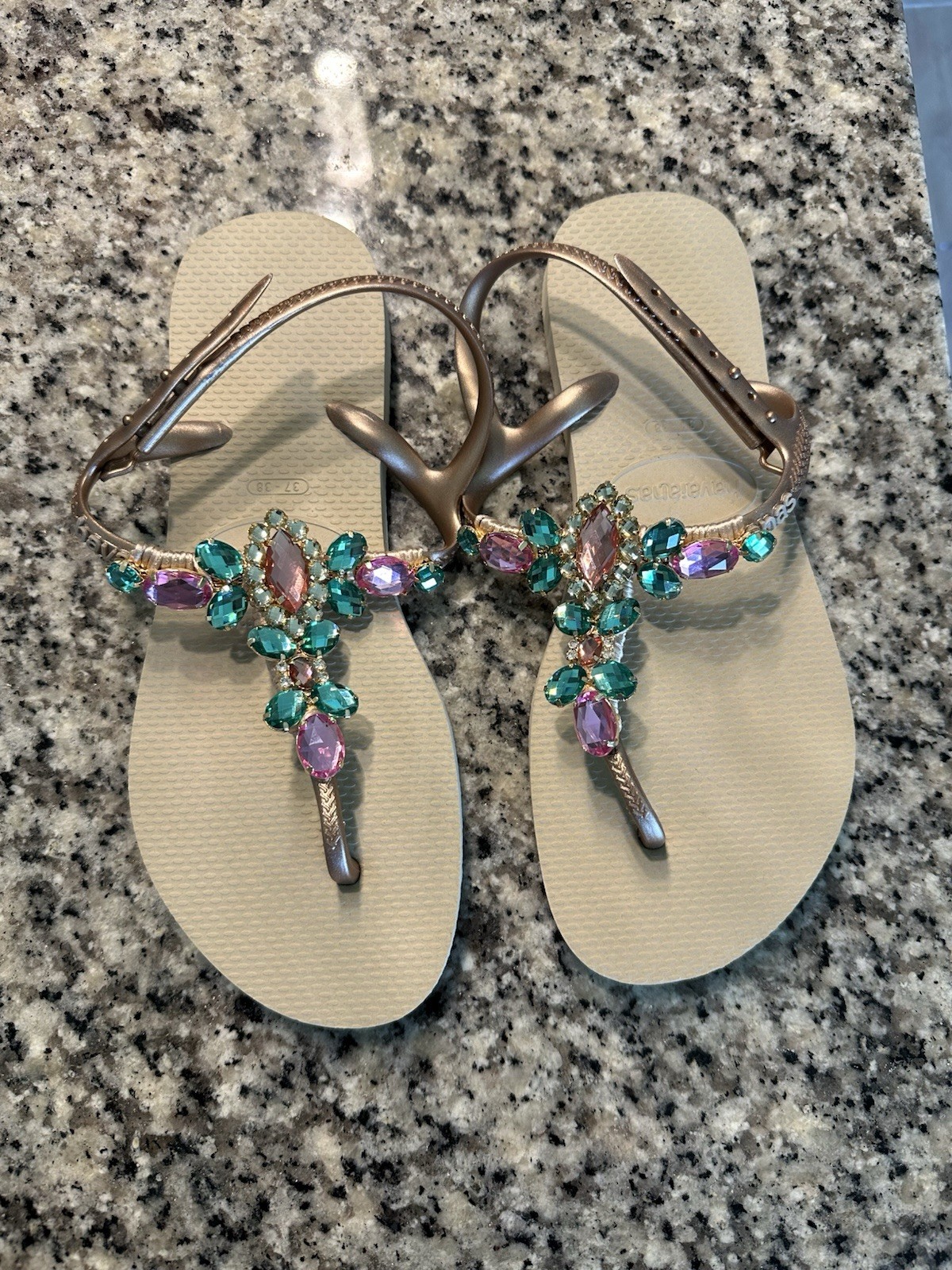 Havaianas Gold-Strap Sandals with Pink & Teal Gem Accents