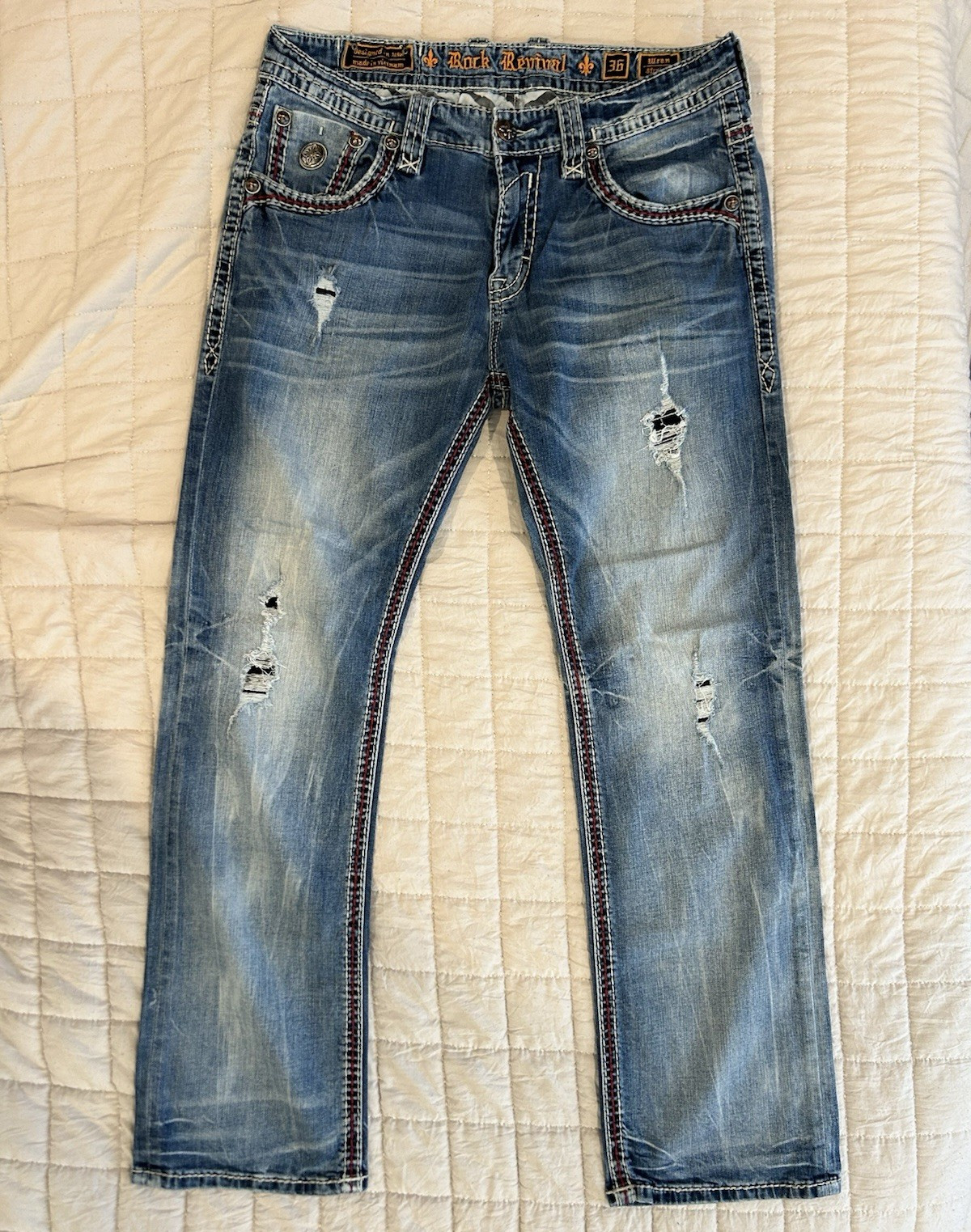 Rock Revival Men’s Blue Medium Wash Straight Fit Distressed Denim Jeans 5-Pocket