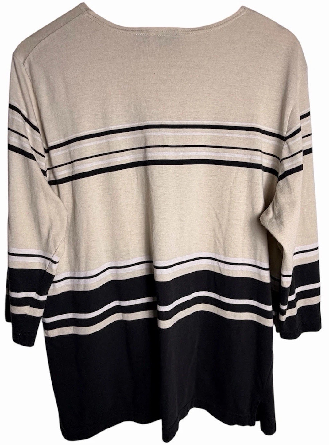 Erika Women 1X Striped Tunic Top Beige Black 3/4 Sleeve Casual Stretch Tee