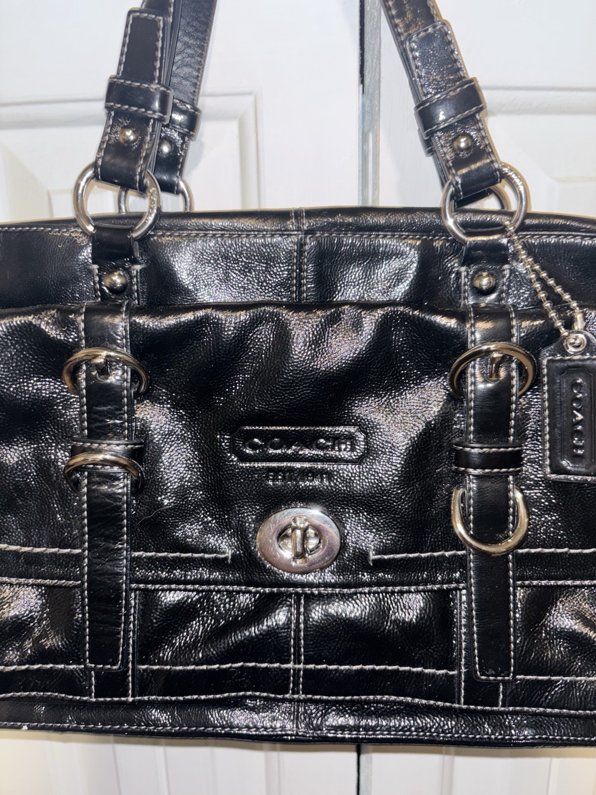 Coach Hampton Patent Black Satchel Top Handle Bag Purple Lining Pockets