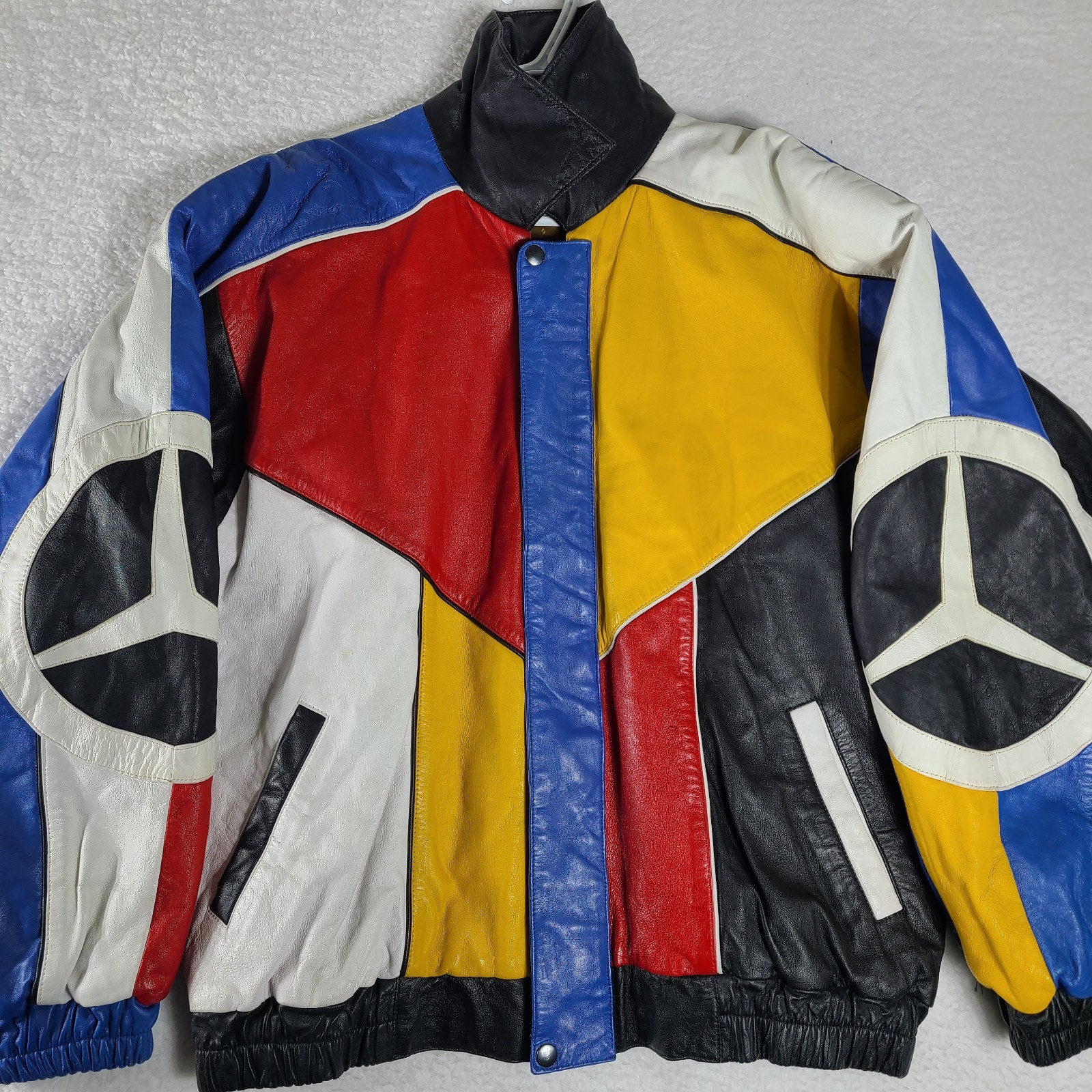 Vintage Mercedes Benz Leather Racing Jacket RARE Adult Size XL Colorblock
