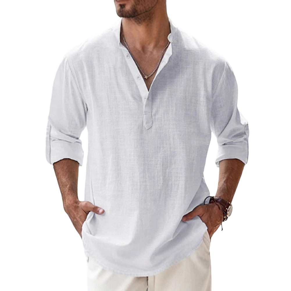 Men Linen Shirt Office Casual Stretch Fabric 80%Cotton Blend+20%Spandex