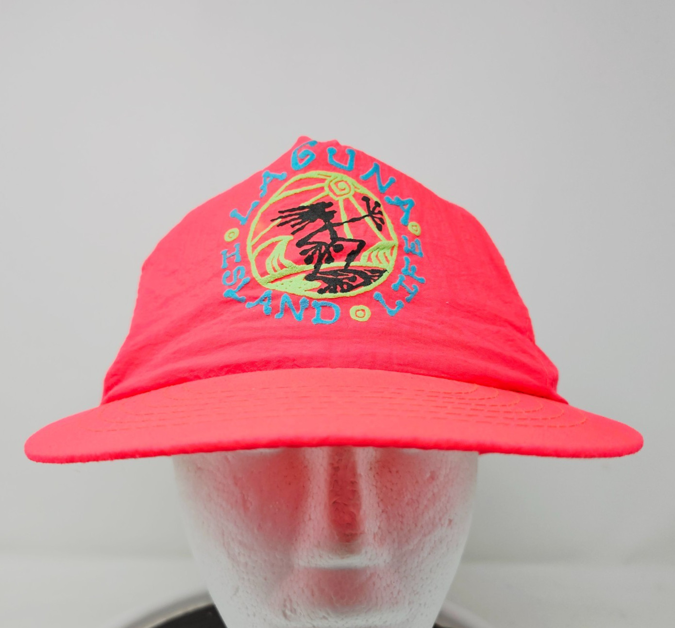 Vintage Laguna Beach Snapback Hat Neon Red Nylon Graphic Surf Cap 90s USA