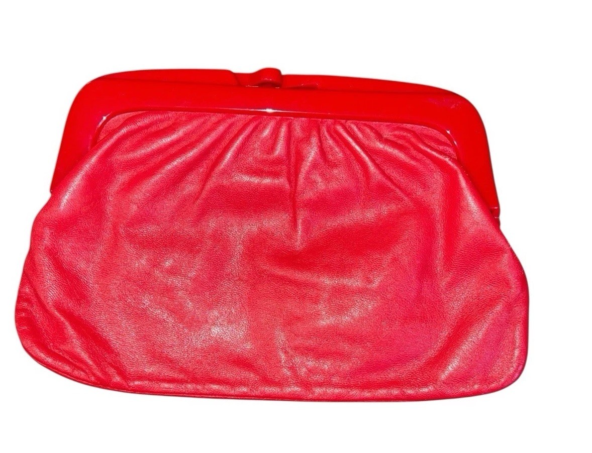Vintage Italian Genuine Leather Clutch Handbag Red Purse Pouch Lined Bag Italy